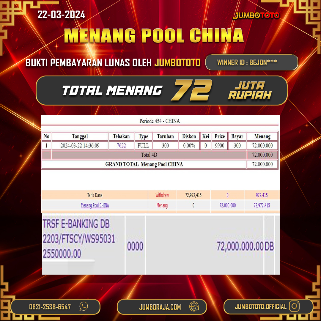 JUMBOTOTO JACKPOT TOGEL PASARAN CHINA Rp.72.000.000,- LUNAS