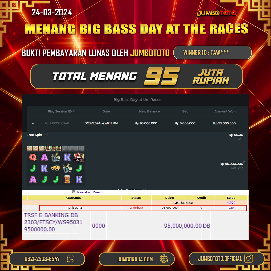 JUMBOTOTO JACKPOT SLOT BIG BASS DAY AT THE RACES Rp.95.000.000,- LUNAS