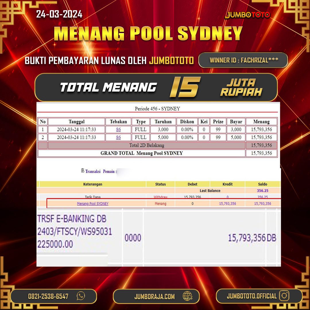 JUMBOTOTO JACKPOT TOGEL PASARAN SYDNEY Rp.15.000.000,- LUNAS